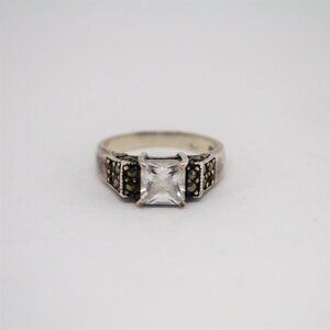 Sterling Silver Ring Cubic Zirconia Square Solitaire Marcasite 925 Size 5.5